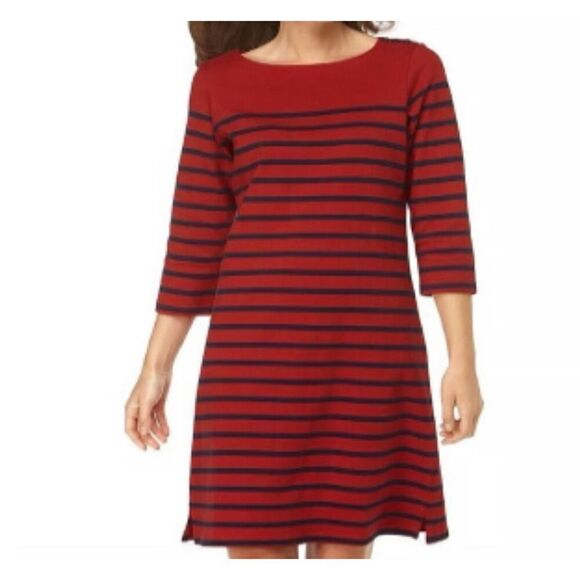 LL Bean Mariner Red Blue Striped Cotton 3/4 Sleeve Casual Dress Small Petite - Picture 1 of 9
